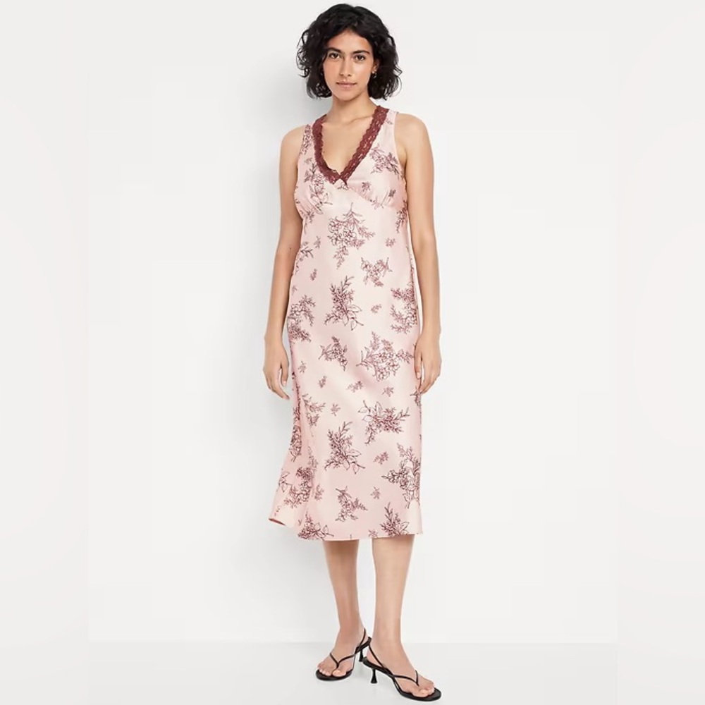 Pink Floral Satin Lace Trim Midi Dress Romantic Coquette NWT Slip Blush - Picture 2 of 9